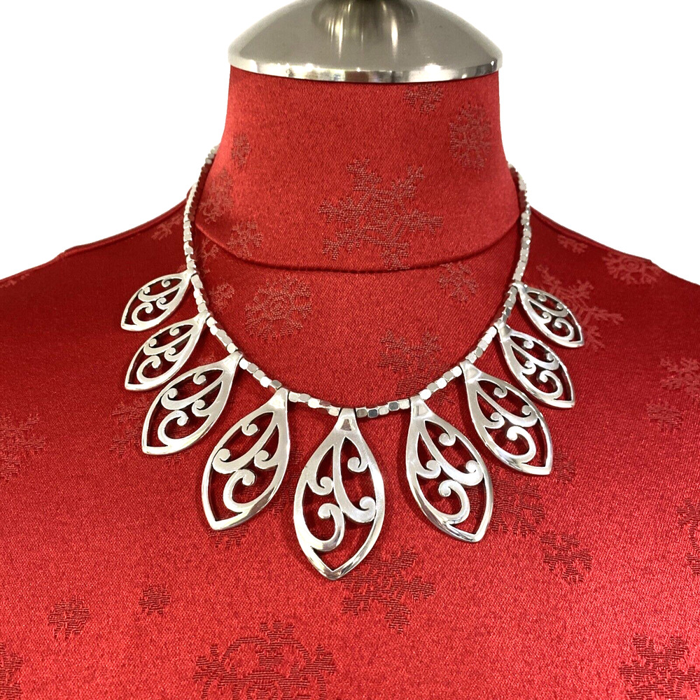 Brighton Collar Necklace Silver Plated Choker Bib w/ Mod Scrolled Leaf Pendants